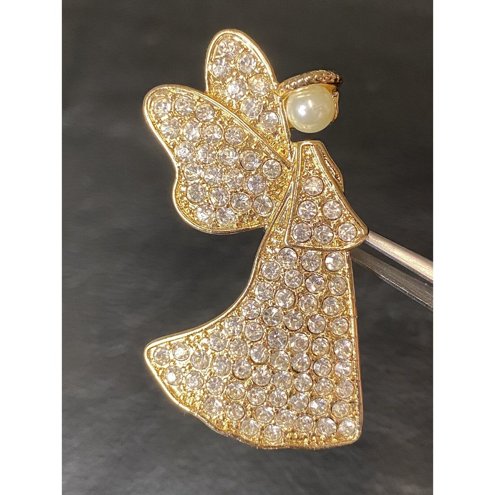 Anne Klein Gold-Tone Pavé/Faux Pearl Do You Believe In Angels Pin Sparkly Signed